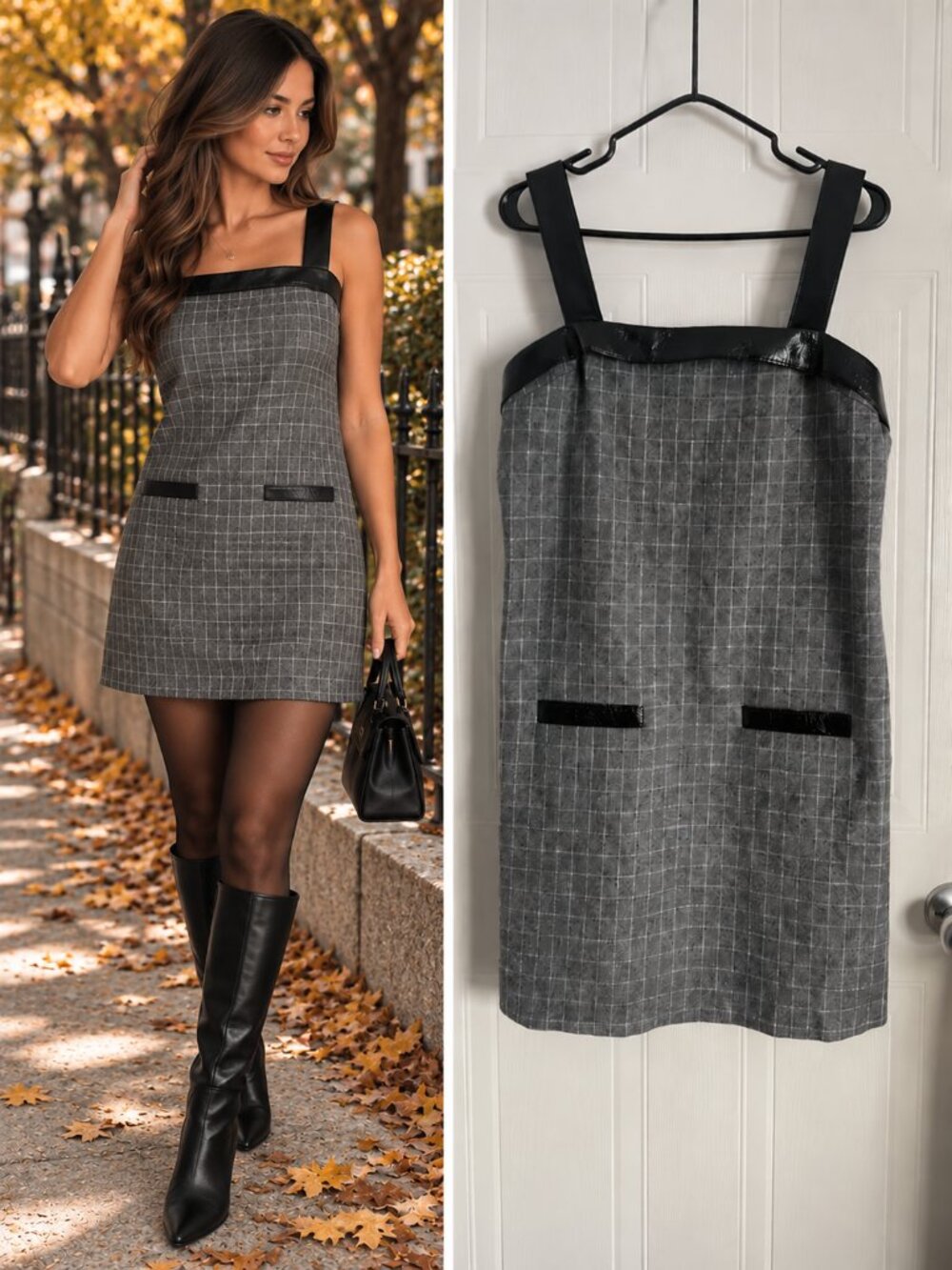 Maje Grey Black Plaid Shift Mini Dress Leather Trim Tailored Dark Academia 40